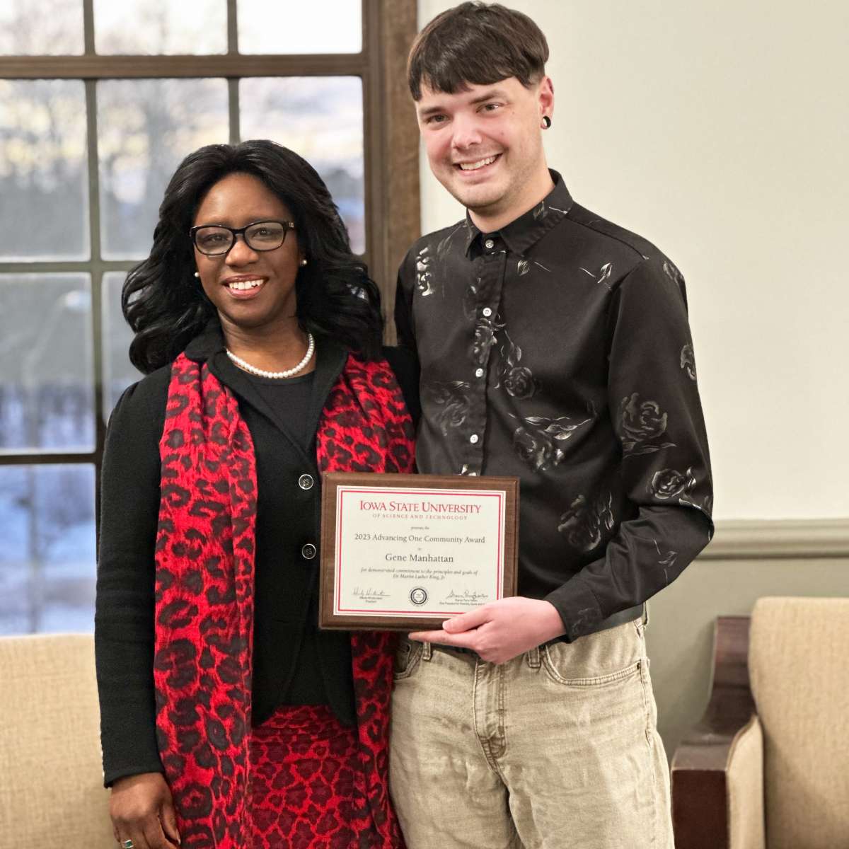 Sharon Perry Fantini, vice president for diversity, equity and inclusion at Iowa State, is pictured with Gene Manhattan, one of the recipients of the 2023 Martin Luther King Jr. Advancing One Community Awards.